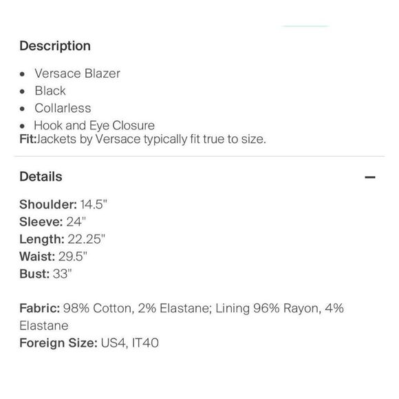 versace womens authentic solid black long sleeve blazer jacket 4 IT 40 small - Picture 4 of 9
